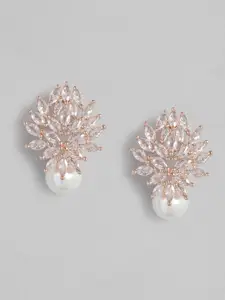 justpeachy Rose-Gold Plated & White AD Studded Floral Studs