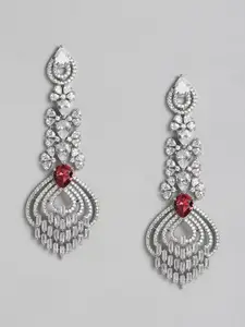 Justpeachy Silver-Toned & Maroon Rhodium-Plated American Diamond Drop Earrings
