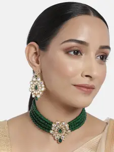 I Jewels Green Gold Plated Kundan Studded Beaded Choker & Earring Jewellery Set