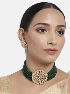 I Jewels Green Gold Plated Beaded Choker & Earring Jewellery Set