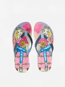 Kids Ville Girls Blue & Pink Barbie Printed Thong Flip-Flops