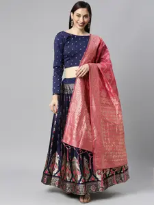 DIVASTRI Navy Blue & Gold-Toned Semi-Stitched Lehenga & Unstitched Blouse With Dupatta