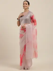 Rajnandini Grey & Pink Organza Floral Printed Saree