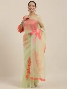 Rajnandini Green & Pink Organza Floral Printed Saree