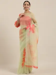 Rajnandini Green & Pink Organza Floral Printed Saree