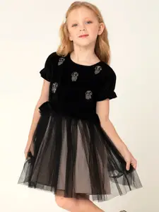 Cherry Crumble Girls Black & Beige Embellished Velvet Finish Sustainable Fit & Flare Dress