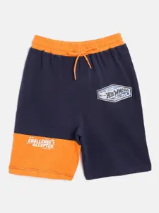 toothless Boys Navy Blue & Orange Colourblocked & Hot Wheels Logo Print Pure Cotton Shorts
