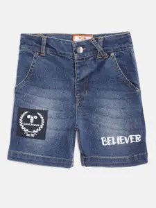 toothless Boys Navy Blue Washed Regular Fit Denim Shorts with Printed Detail