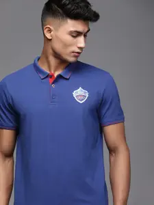 WROGN ACTIVE Men Blue Solid Slim Fit Polo Collar Pure Cotton T-shirt with Delhi Capitals Logo Print