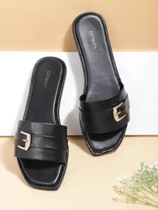 CORSICA Women Black Solid Open Toe Flats with Buckle Detail