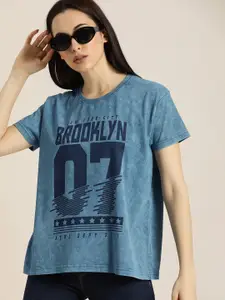 DILLINGER Women Blue Printed  Fit Round Neck Boxy Regular Pure Cotton T-shirt