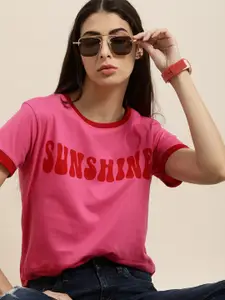DILLINGER Women Pink & Red Typography Printed T-shirt