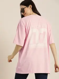 DILLINGER Women Pink Printed Round Neck  Longline Oversized T-shirt