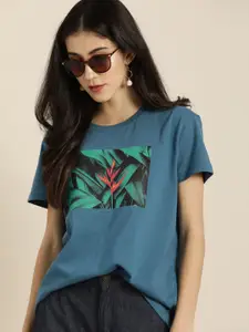 DILLINGER Women Teal Blue  Graphic Printed Round Neck Boxy Regular Pure Cotton T-shirt