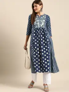 Varanga Women Navy Blue & White Polka Dots Printed Indigo Kurta