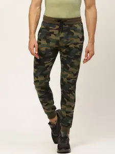 VEIRDO Men Olive Green & Blue Camouflage Printed Pure Cotton Slim Fit Joggers