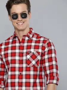 The Indian Garage Co Men Red & White Slim Fit Checked Pure Cotton Casual Shirt