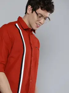 The Indian Garage Co Men Rust-Coloured Slim Fit Striped Pure Cotton Casual Shirt