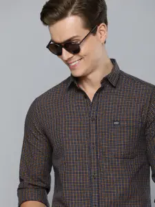 The Indian Garage Co Men Navy Blue & Khaki Slim Fit Checked Casual Shirt