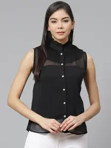 Ives Women Black Sheer Shirt Style Top