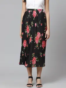 Ives Women Black & Red Floral Printed Accordion Pleated A-Line Skirt