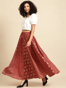 anayna Maroon & Beige Printed Pure Cotton Maxi Flared Skirt