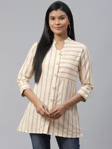 Cottinfab Women Off-White & Mustard Striped Mandarin Collar Pure Cotton Shirt Style Top