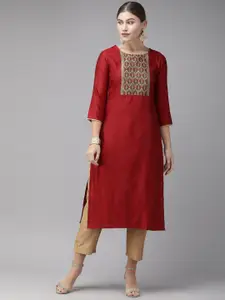 Indo Era Women Red Ethnic Motifs Yoke Design Liva Kurta