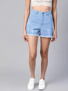 SASSAFRAS Women Blue Washed High-Rise Distressed Denim Shorts