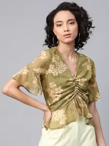 SASSAFRAS Green and Off White Floral Print Ruched Top