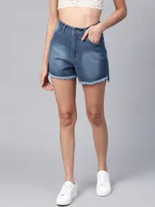SASSAFRAS Women Blue Washed High-Rise Denim Shorts