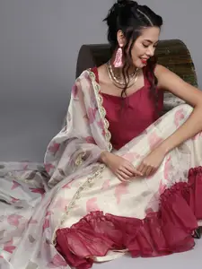 Inddus Cream-Coloured & Pink Solid Ready to Wear Lehenga & Blouse with Dupatta