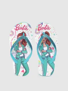 toothless Girls Blue & White Barbie Print Heeled Thong Flip-Flops