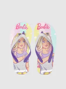 toothless Girls Silver-Toned & Purple Barbie Print Heeled Thong Flip-Flops