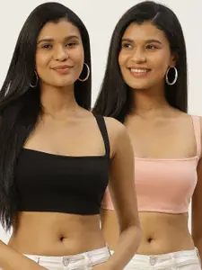 Besiva Women Pack of 2 Black & Pink Solid Bralette Crop Top