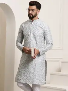 SOJANYA Men Grey & White Geometric Embroidered Straight Kurta