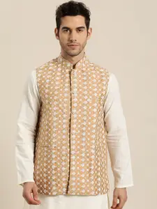 SOJANYA Men Beige & White Embroidered Nehru Jacket