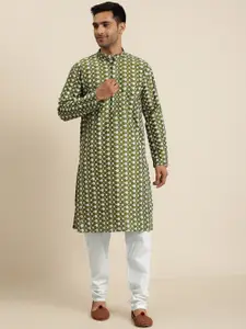 SOJANYA Men Olive Green & White Embroidered Kurta with Churidar
