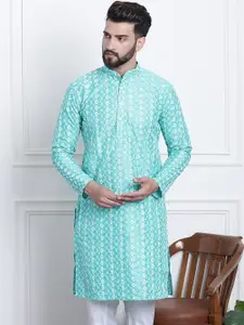 SOJANYA Men Sea Green & White Ethnic Motifs Embroidered Kurta