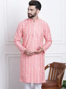 SOJANYA Men Peach-Coloured & White Embroidered Kurta