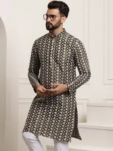 SOJANYA Men Olive Green & White Ethnic Motifs Embroidered Straight Kurta