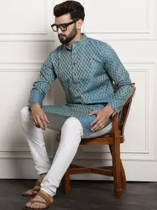 SOJANYA Men Blue & Off-White Woven Design Kurta with Churidar