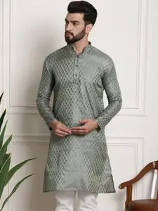 SOJANYA Men Teal Green & Beige Ethnic Motifs Jacquard Silk Kurta