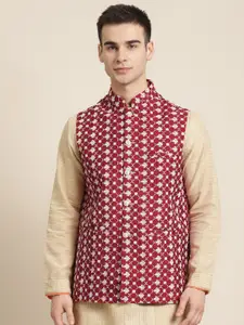 Sojanya Men Maroon & White Embroidered Nehru Jacket