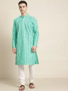 SOJANYA Men Sea Green & White Embroidered Kurta with Churidar