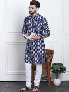 SOJANYA Men Navy Blue & White Embroidered Kurta with Churidar