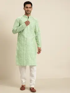 SOJANYA Men Green & White Embroidered Kurta with Churidar