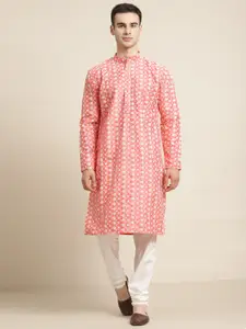 SOJANYA Men Coral Pink & White Embroidered Kurta with Churidar