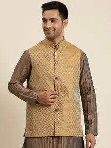 Sojanya Men Mustard Brown & Golden Woven Design Jacquard  Silk Nehru Jacket