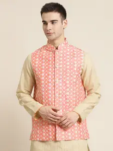 Sojanya Men Peach & White Embroidered Nehru Jacket